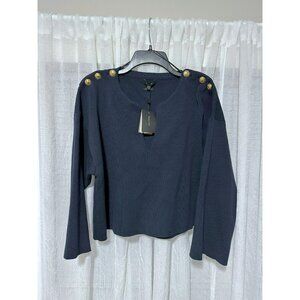 NWT Massimo Dutti Navy V Neck Sweater With Bell Sleeves Gold Buttons Size Small